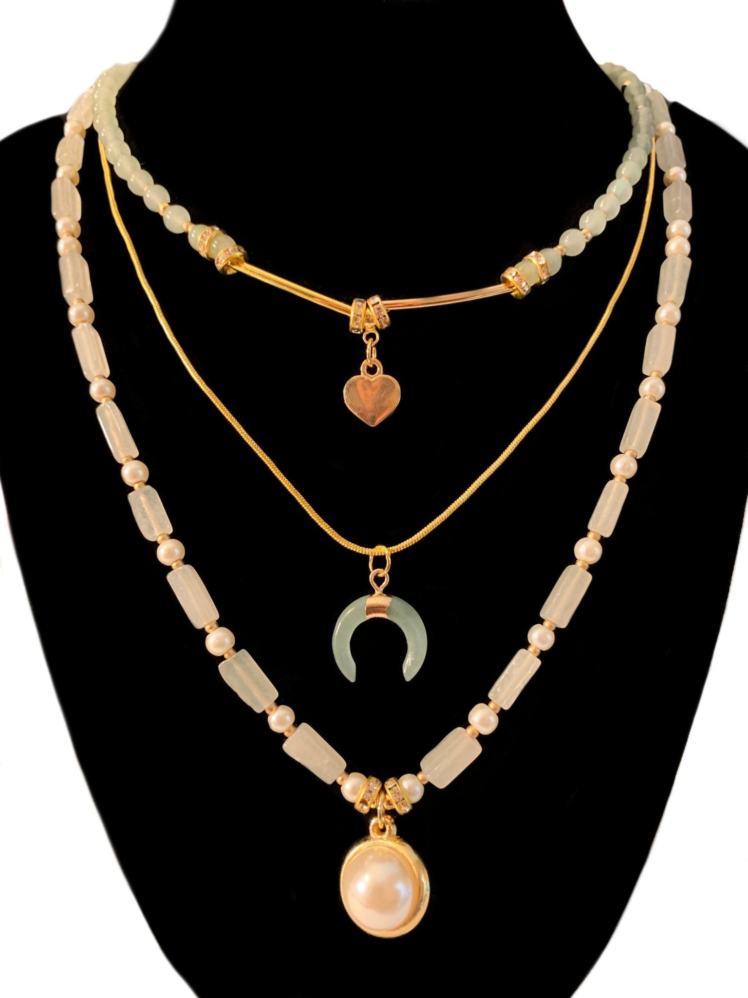 🔴SOLD🔴 Heart, Moon, Pearl Handmade Gemstone Layered Necklace Set (Gold, Green Aventurine, Pearl) - Born Mystics
