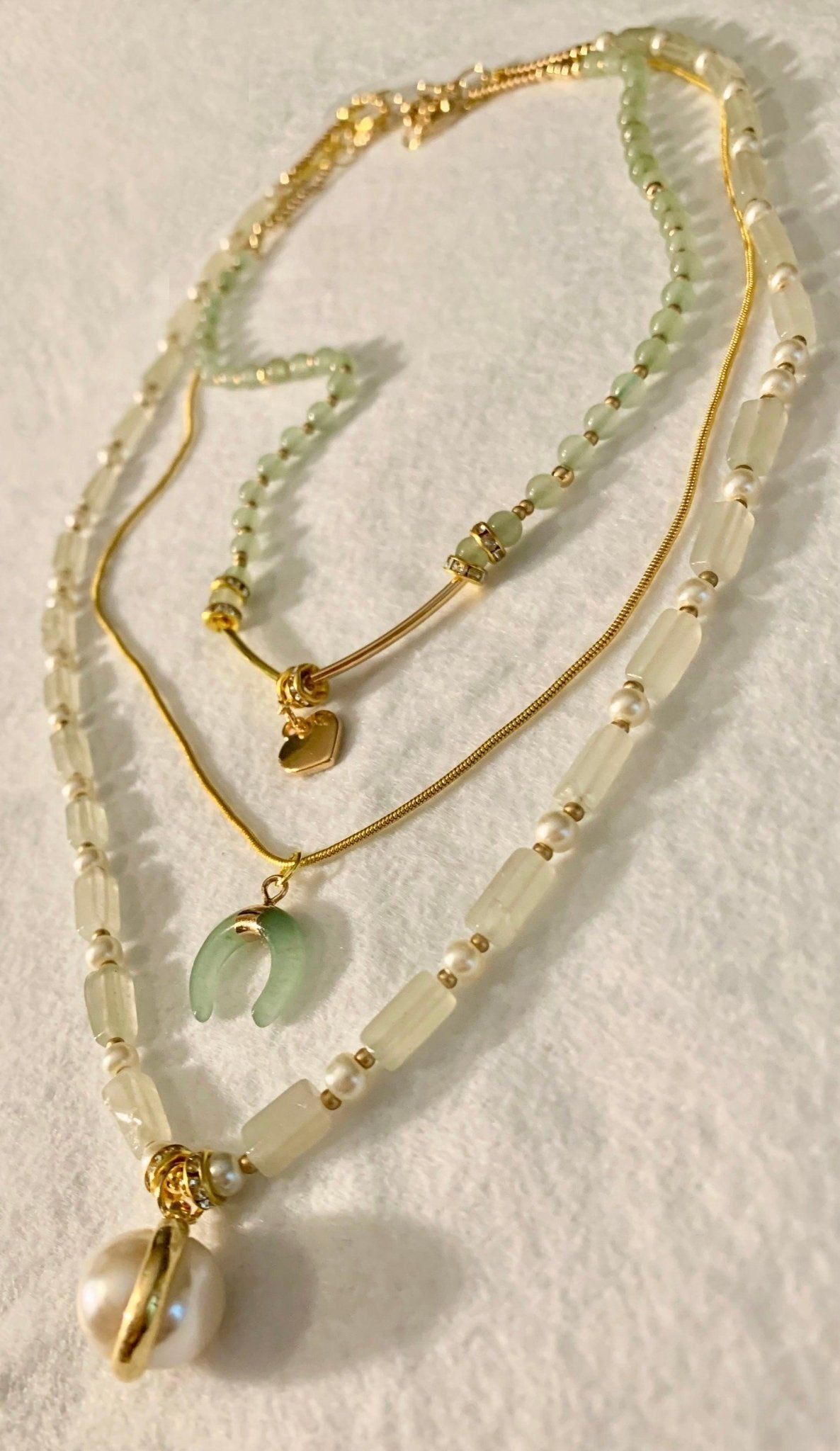 🔴SOLD🔴 Heart, Moon, Pearl Handmade Gemstone Layered Necklace Set (Gold, Green Aventurine, Pearl) - Born Mystics