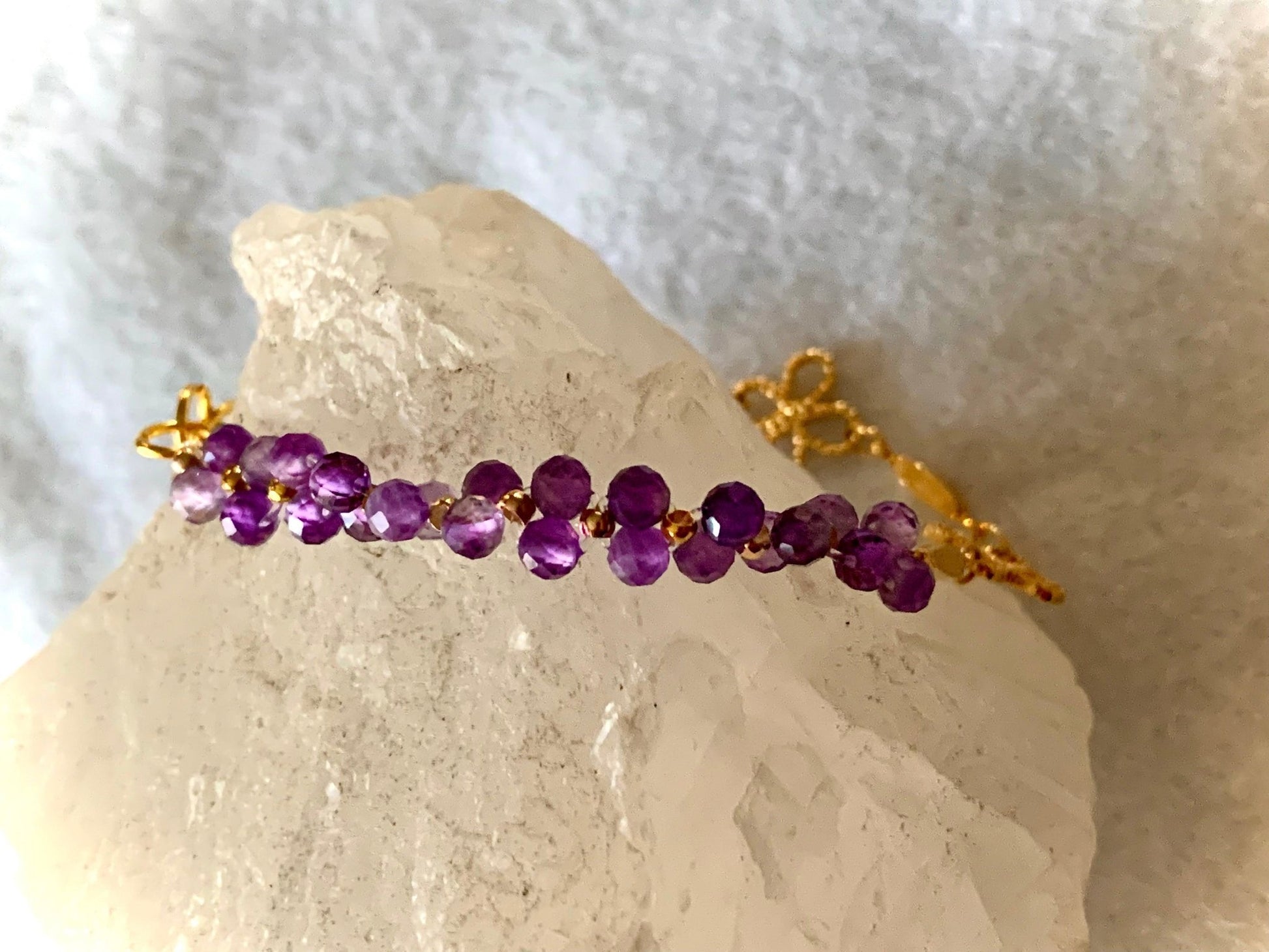 🔴Sold🔴 Kendra Handmade Genuine Faceted Amethyst Bracelet with Gold Plated Flower Chain - Born Mystics