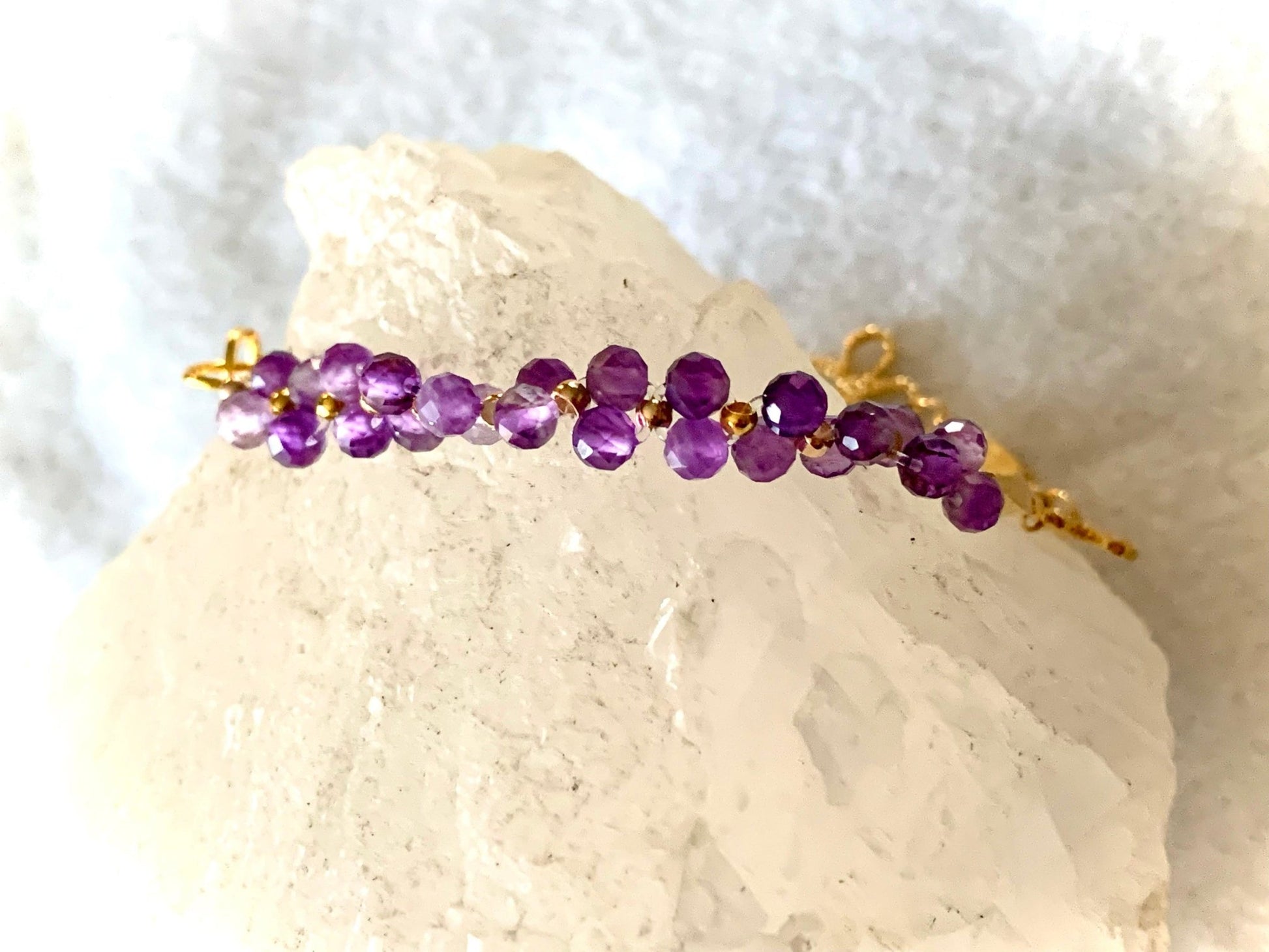 🔴Sold🔴 Kendra Handmade Genuine Faceted Amethyst Bracelet with Gold Plated Flower Chain - Born Mystics