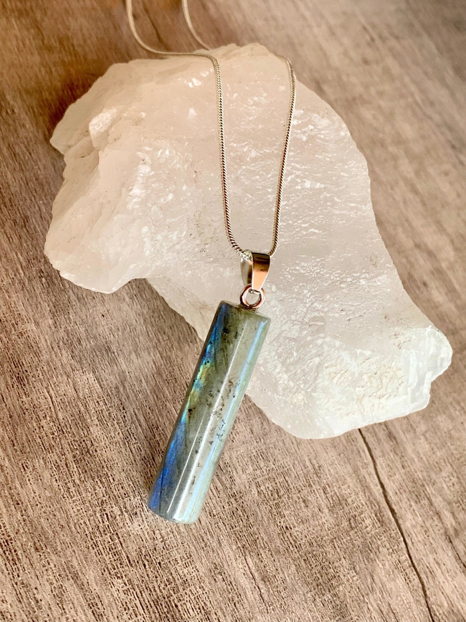 🔴SOLD🔴 Ridge Handcrafted Cylinder Labradorite Pendant on Silver Plated Snake Chain - Born Mystics