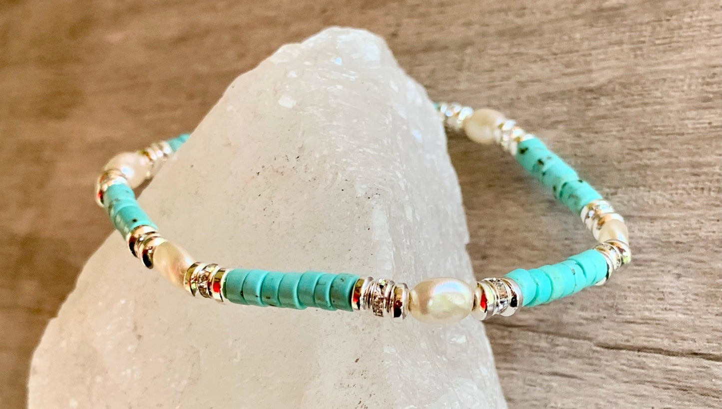 🔴SOLD🔴 Roxanne Handmade Turquoise and Pearl Expandable Bracelet/ Anklet - Born Mystics
