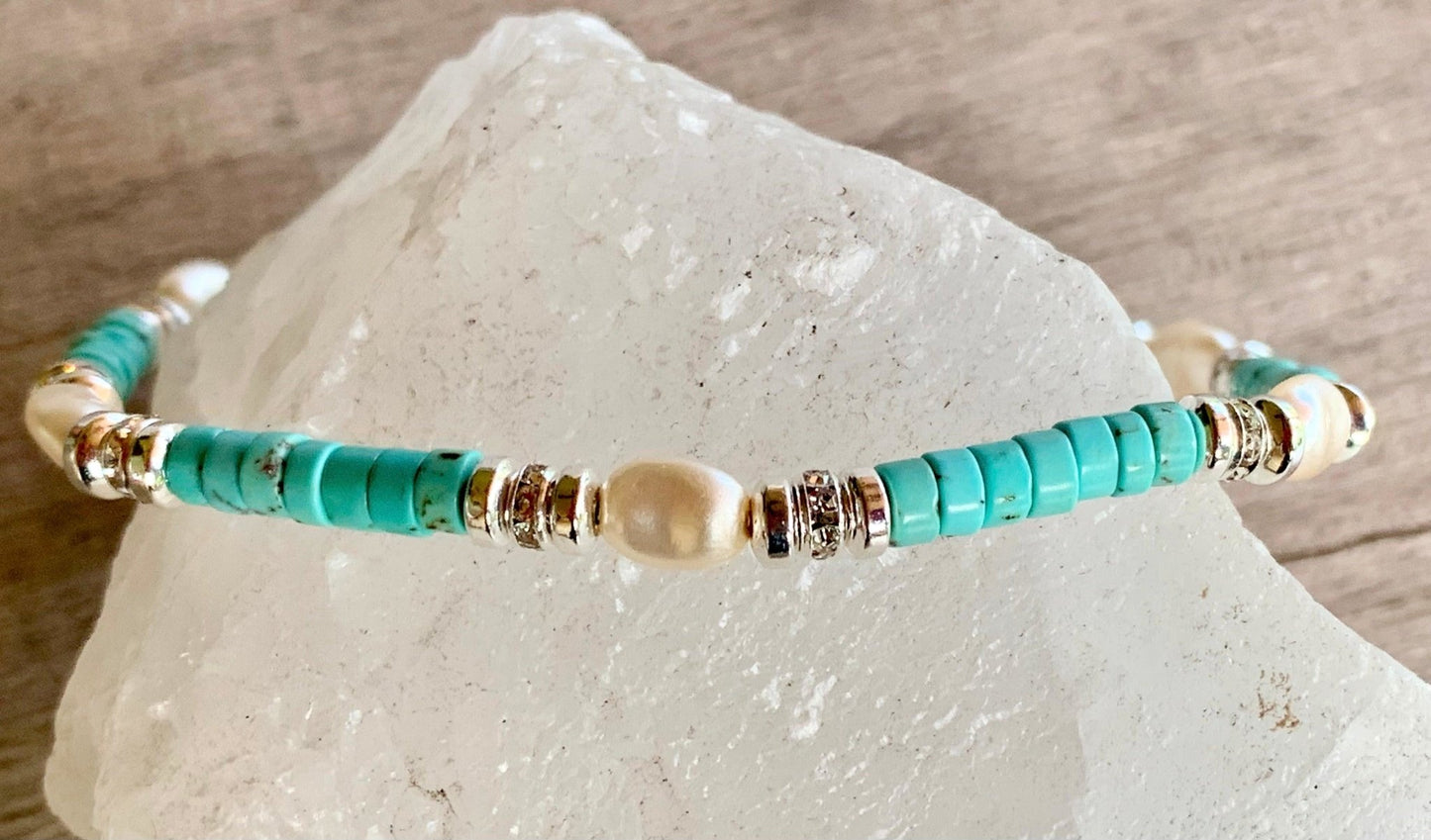 🔴SOLD🔴 Roxanne Handmade Turquoise and Pearl Expandable Bracelet/ Anklet - Born Mystics