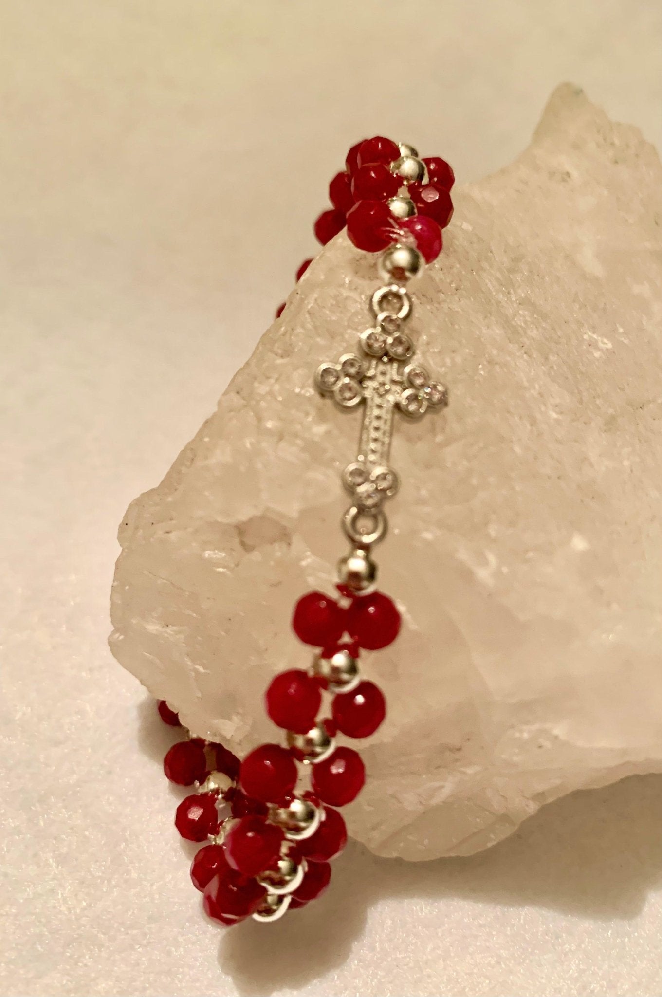 🔴SOLD🔴 Ruby Handmade Genuine Ruby Bracelet with Silver Jewelled Cross - Born Mystics