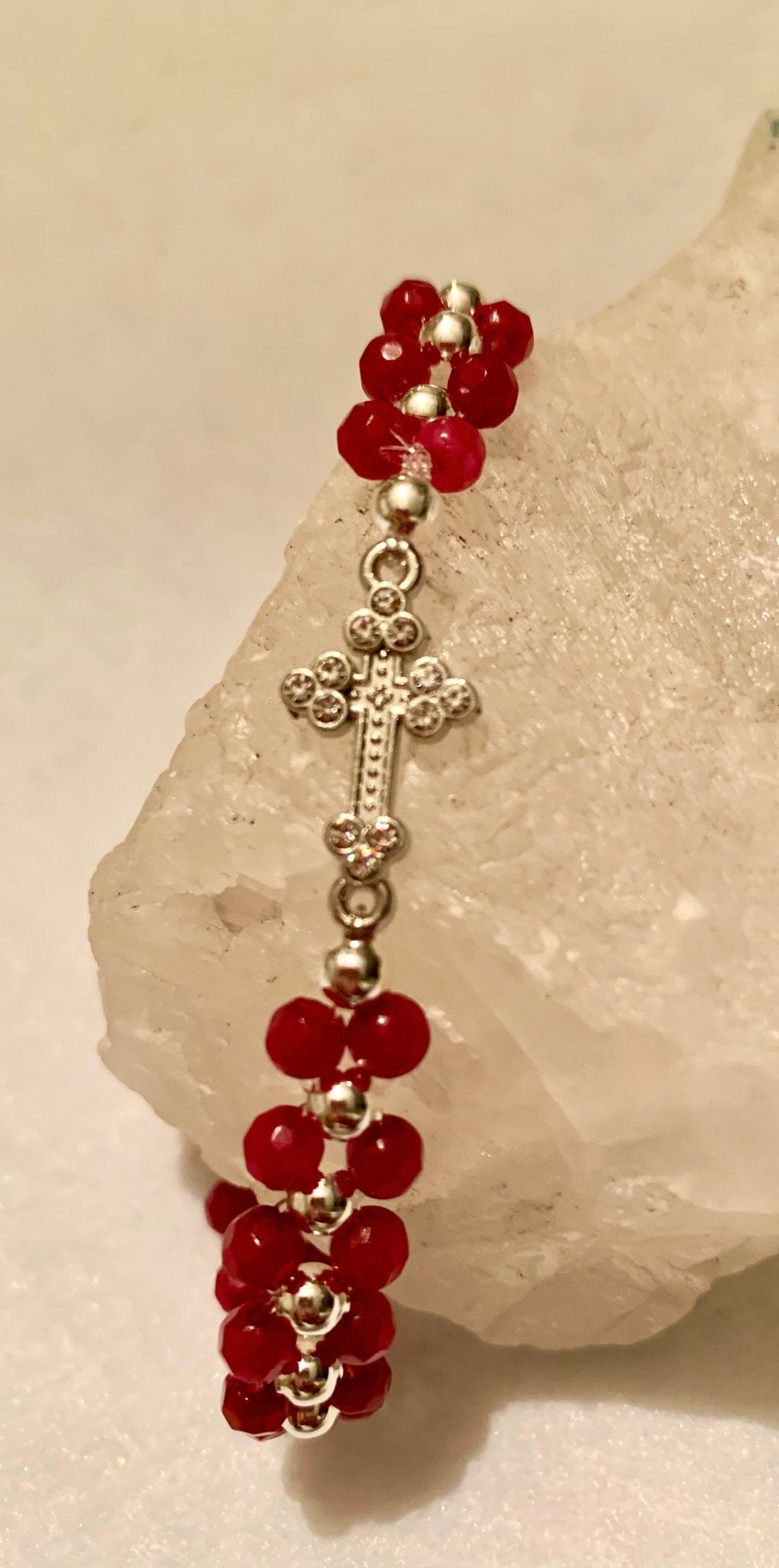 🔴SOLD🔴 Ruby Handmade Genuine Ruby Bracelet with Silver Jewelled Cross - Born Mystics