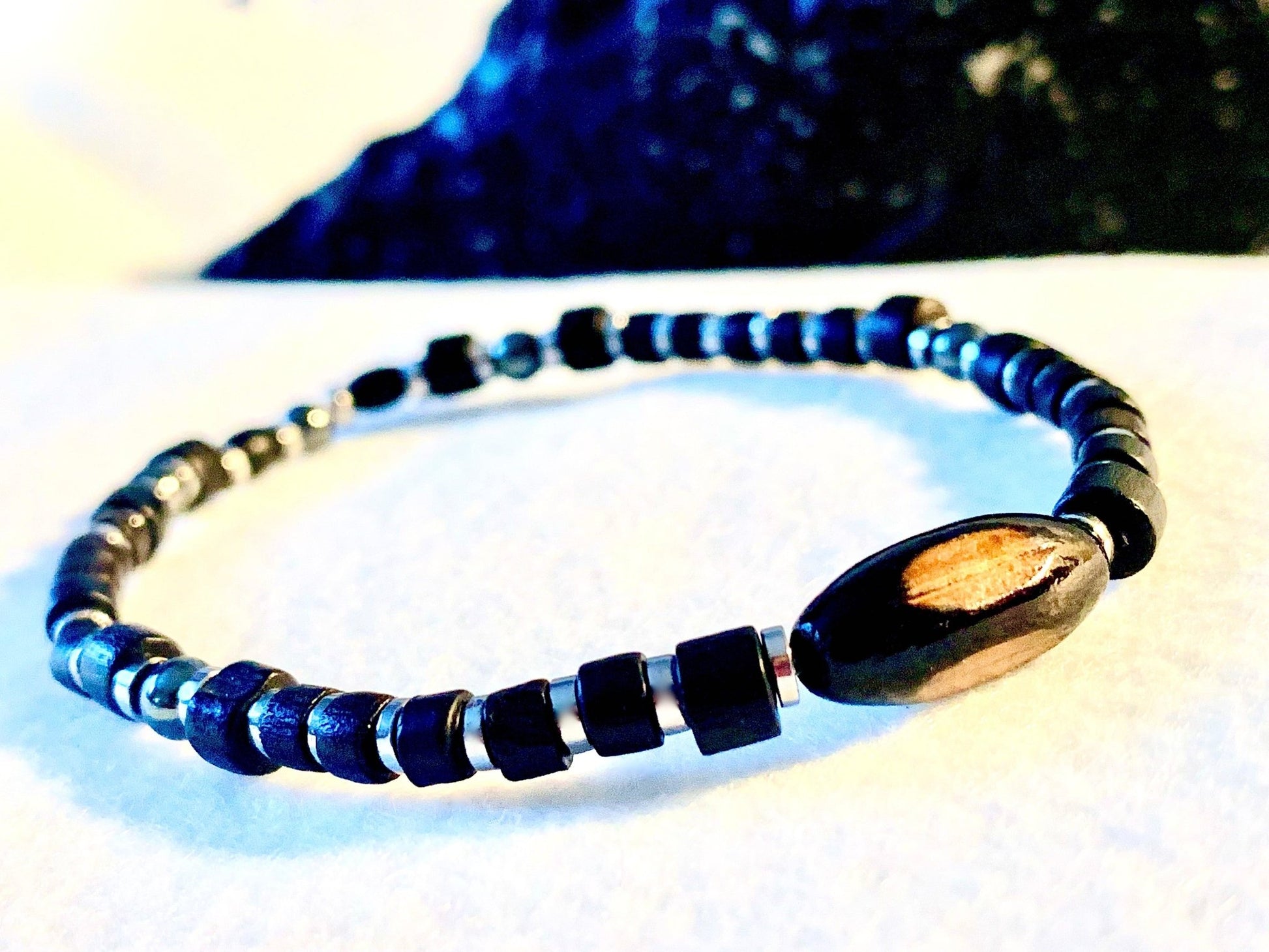 🔴SOLD🔴 Silas Handmade Wood and Silver Plated Hematite Expandable Beaded Bracelet - Born Mystics