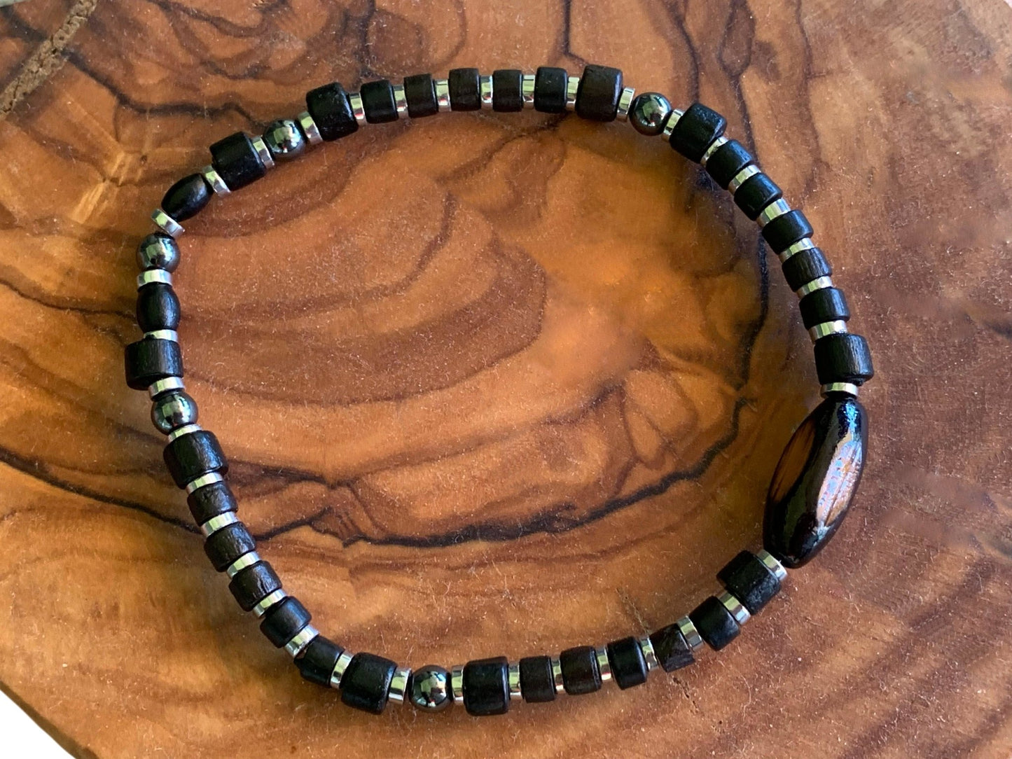 🔴SOLD🔴 Silas Handmade Wood and Silver Plated Hematite Expandable Beaded Bracelet - Born Mystics