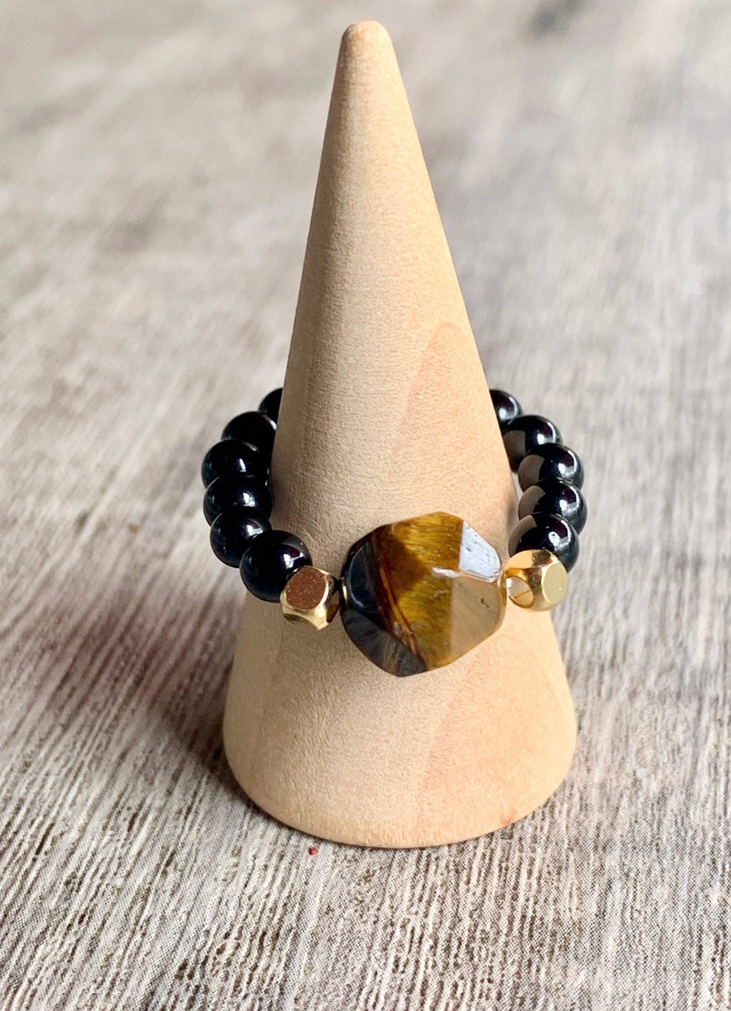 🔴SOLD🔴 Sparky Handmade Black Tourmaline and Tiger's Eye Expandable Ring - Born Mystics