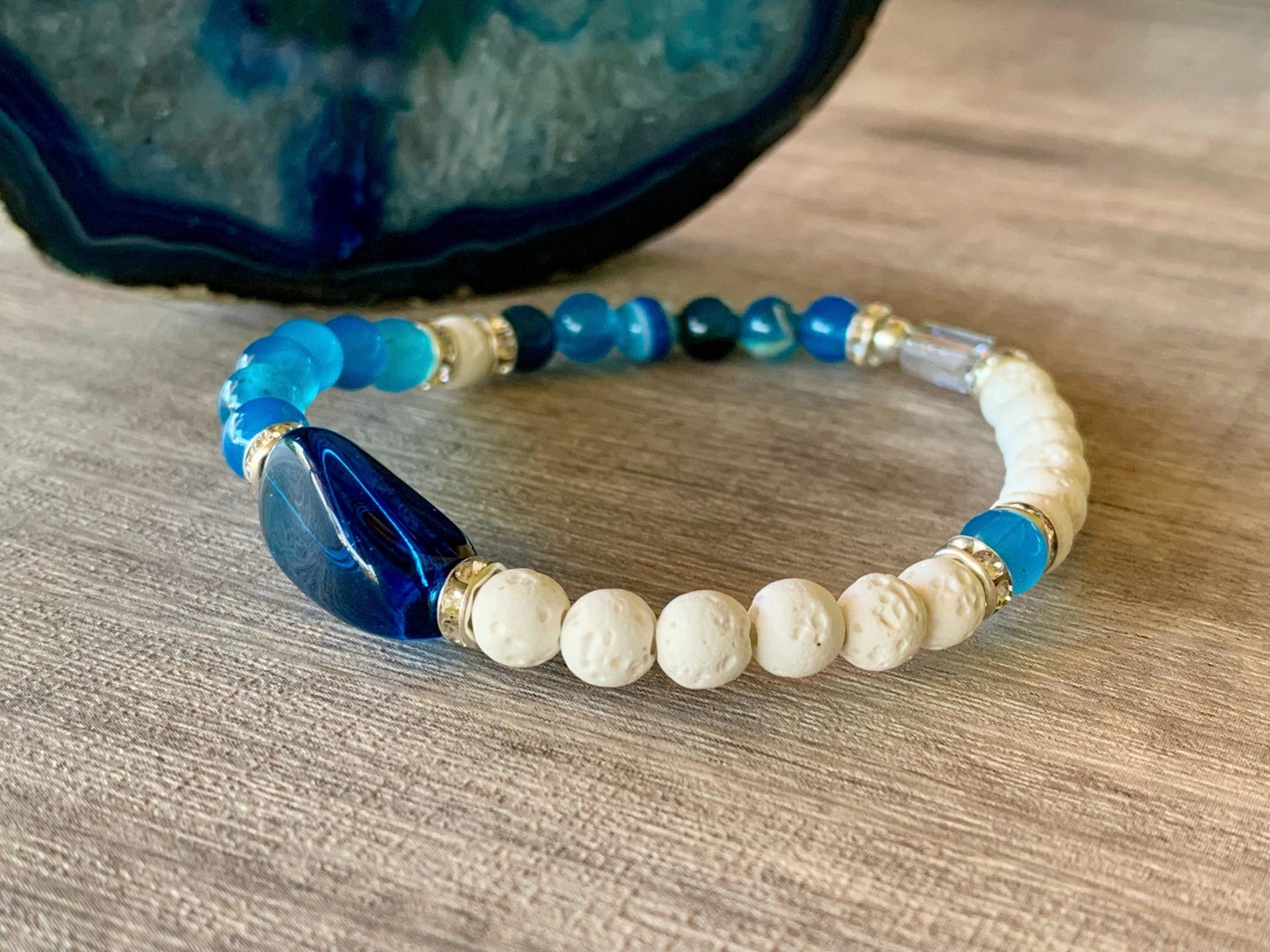 🔴SOLD🔴 Tristen Handmade Blue Striped Agate, White Lava Stone, and Platinum Plated Hematite Expandable Bracelet - Born Mystics