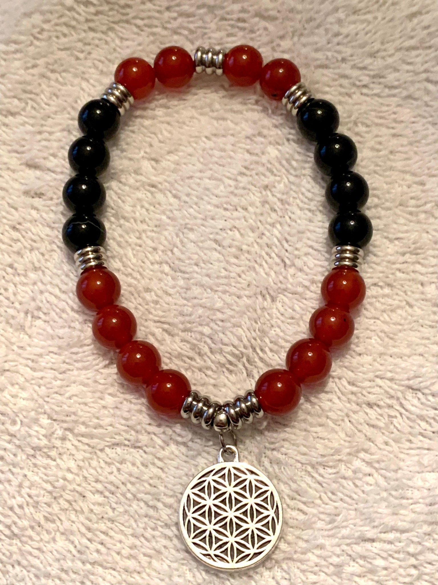 🔴SOLD🔴Blaze Handmade Genuine Carnelian and Black Onyx Bracelet with Flower Of Life Charm - Born Mystics