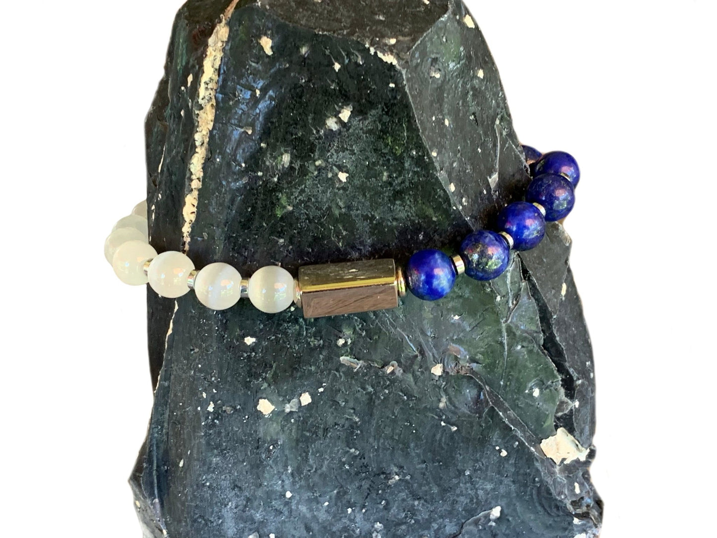 🔴SOLD🔴Kenzo Handmade Lapis Lazuli, Cats Eye, and Hematite Expandable Beaded Bracelet - Born Mystics