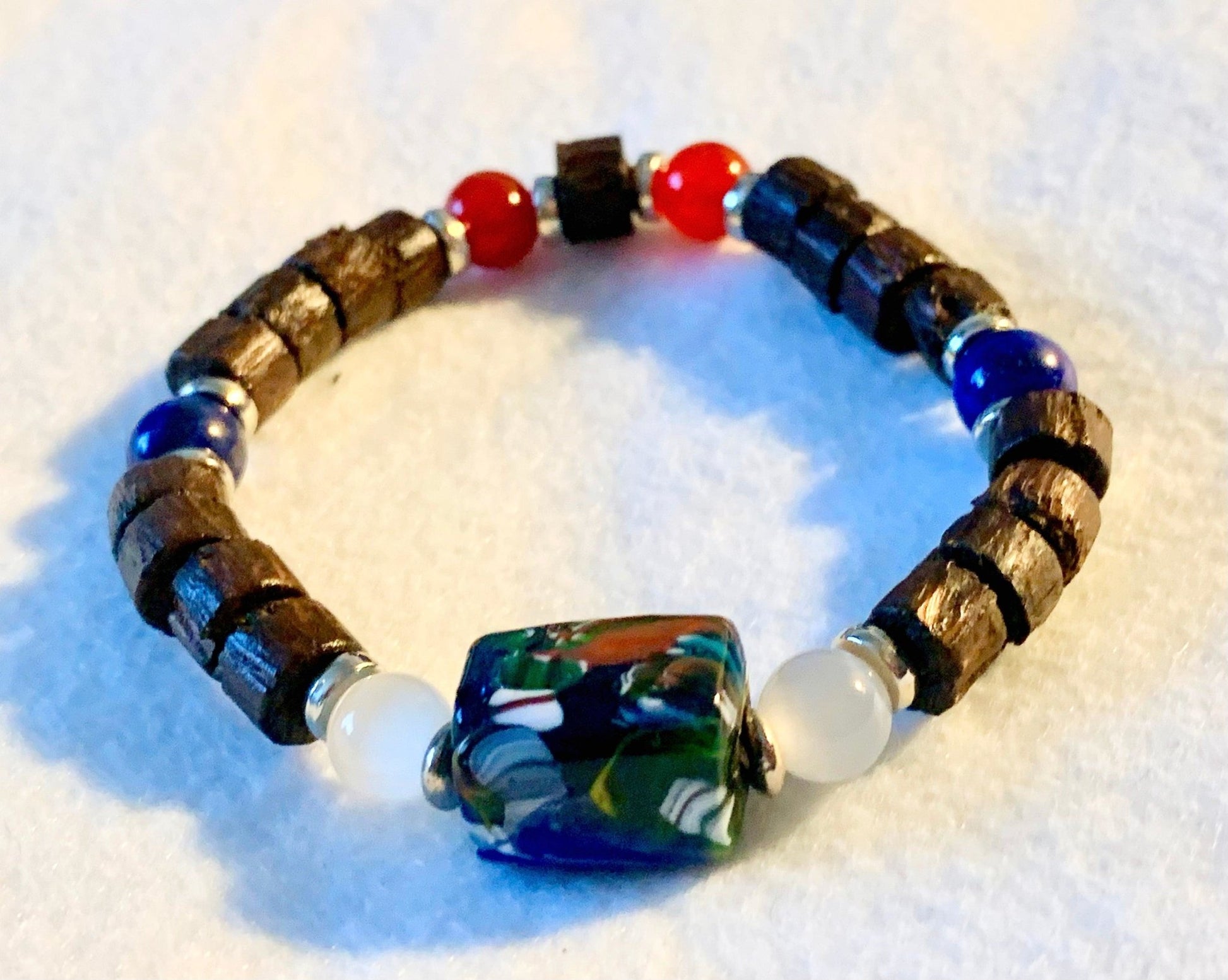 🔴SOLD🔴Oren Handmade Wood, Cats Eye, Lapis Lazuli, and Carnelian Expandable Bracelet - Born Mystics