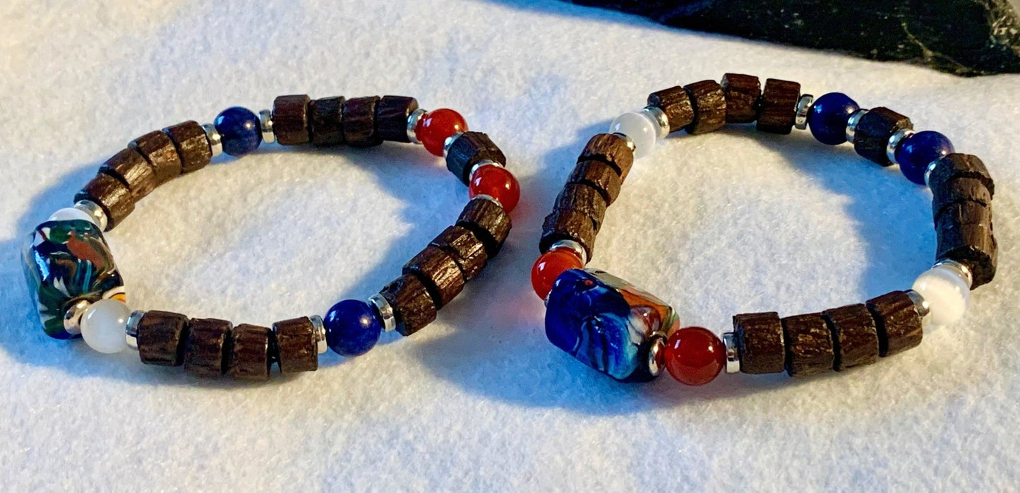 🔴SOLD🔴Oren Handmade Wood, Cats Eye, Lapis Lazuli, and Carnelian Expandable Bracelet - Born Mystics