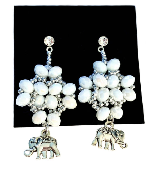 White and Silver Delicate Beaded Dangling Stud Earrings with Silver Plated Elephant - Born Mystics
