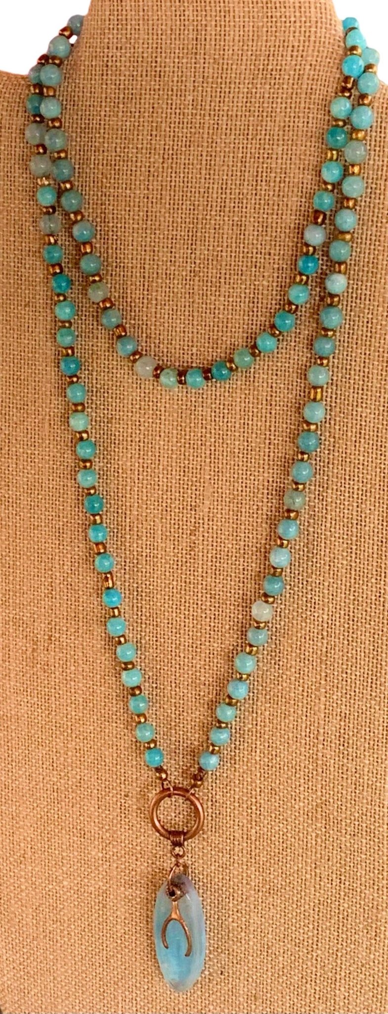 Wishbone Handmade Aquamarine Beaded 36" Necklace With A Resin Wishbone Pendant - Born Mystics