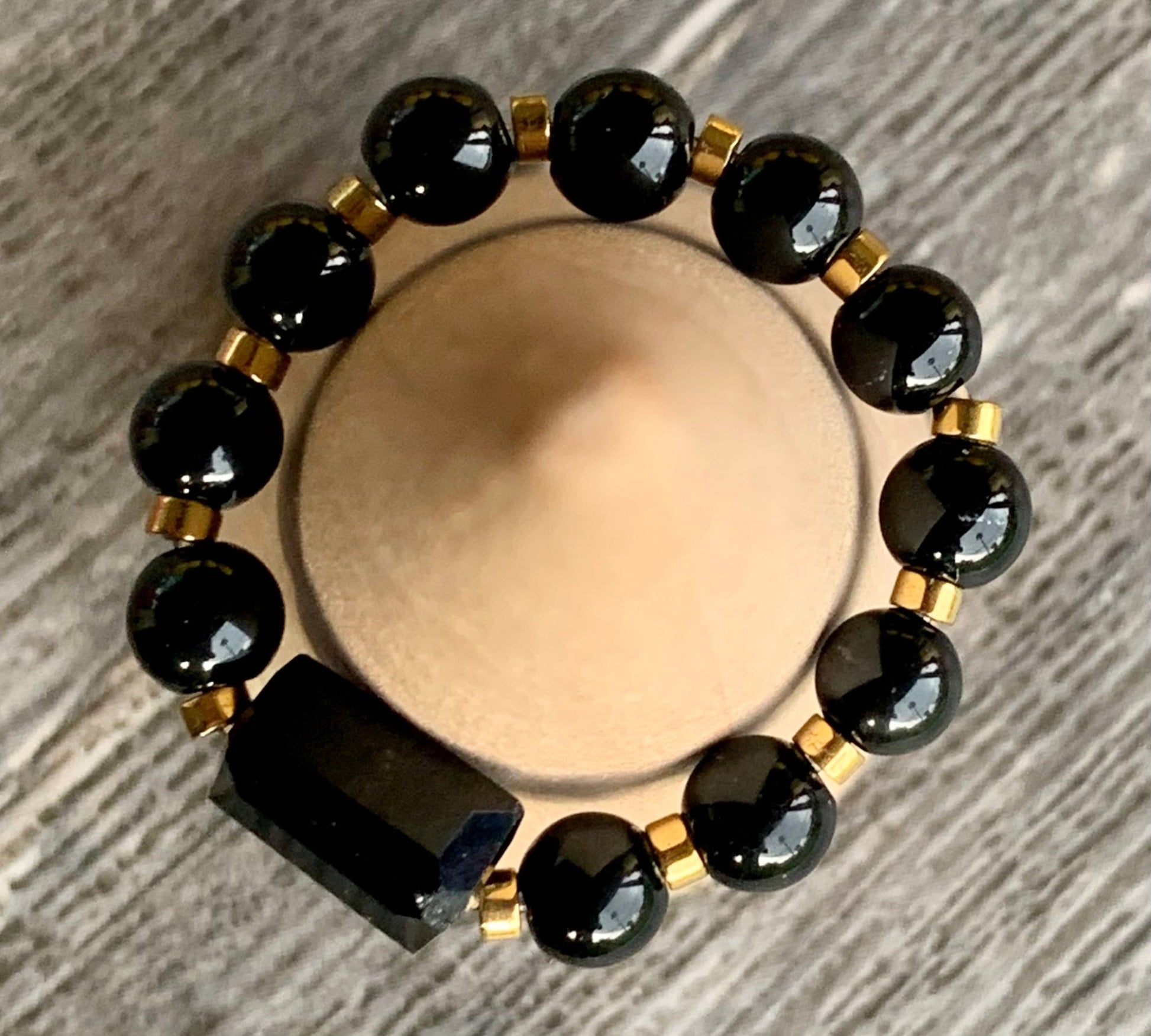 Ziva Handmade Black Tourmaline, Gold Hematite, and Austrian Crystal Expandable Ring - Born Mystics